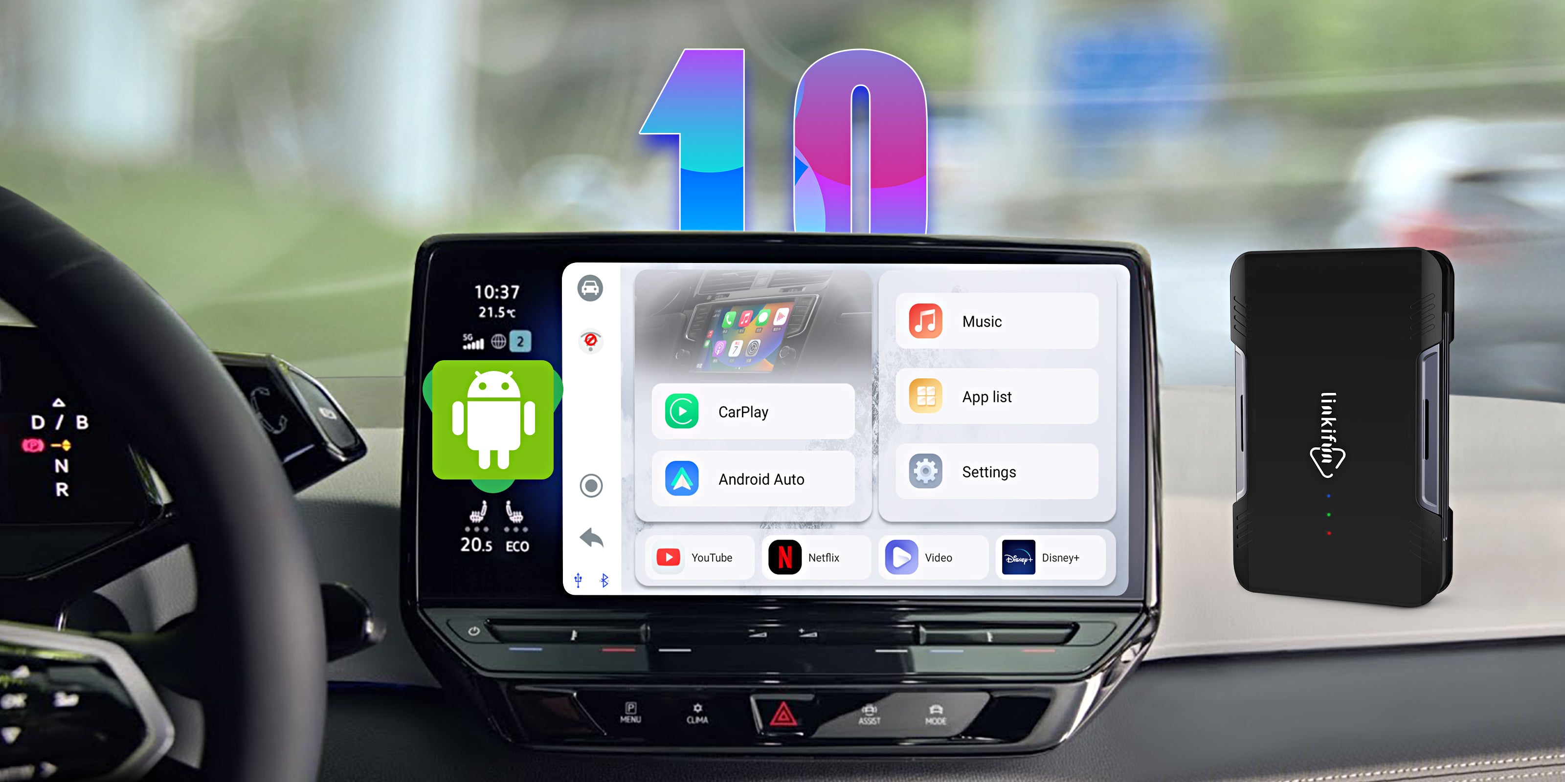 Linkifun Android 10 CarPlay AI Box Series for cars, supporting wireless CarPlay and Android Auto for smooth in-car entertainment – desktop banner