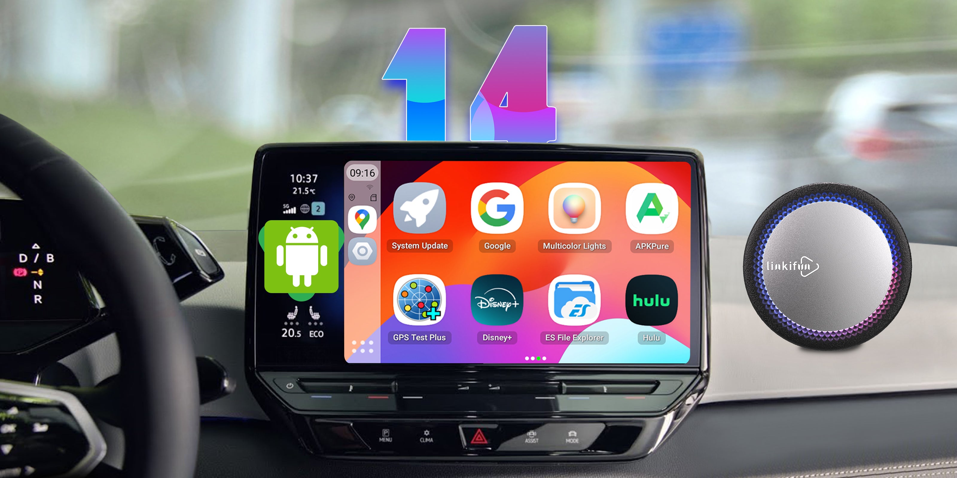 Linkifun Android 14 CarPlay AI Box Series for cars, supporting wireless CarPlay and Android Auto for smooth in-car entertainment – desktop banner