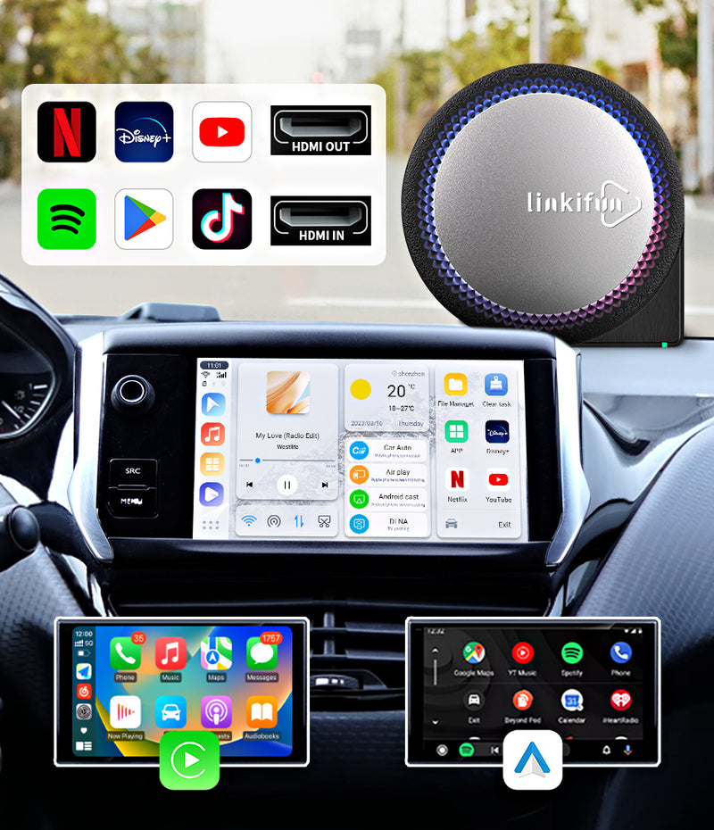 Linkifun GT6 Pro Android 13 Smart AI Box with HDMI In & Out, TF/USB ports, Wireless CarPlay/Android Auto, and ambient lighting