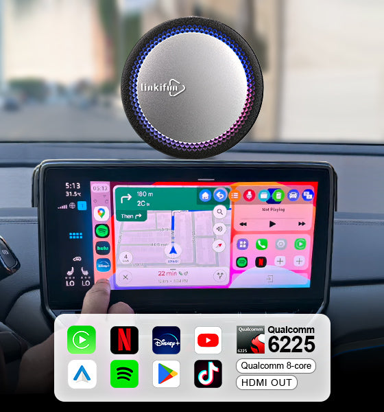 Linkifun GT7H Android 13 Smart AI Box with HDMI Out, TF card slot, Wireless CarPlay/Android Auto, and customizable ambient lighting