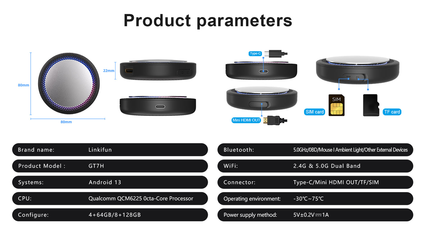 Linkifun-GT7H-Android-13-Smart-AI-Box-Wireless-CarPlayAndroid-Auto-Adapter-with-Ambient-Lighting-and-HDMI-Out-Parameter-desk