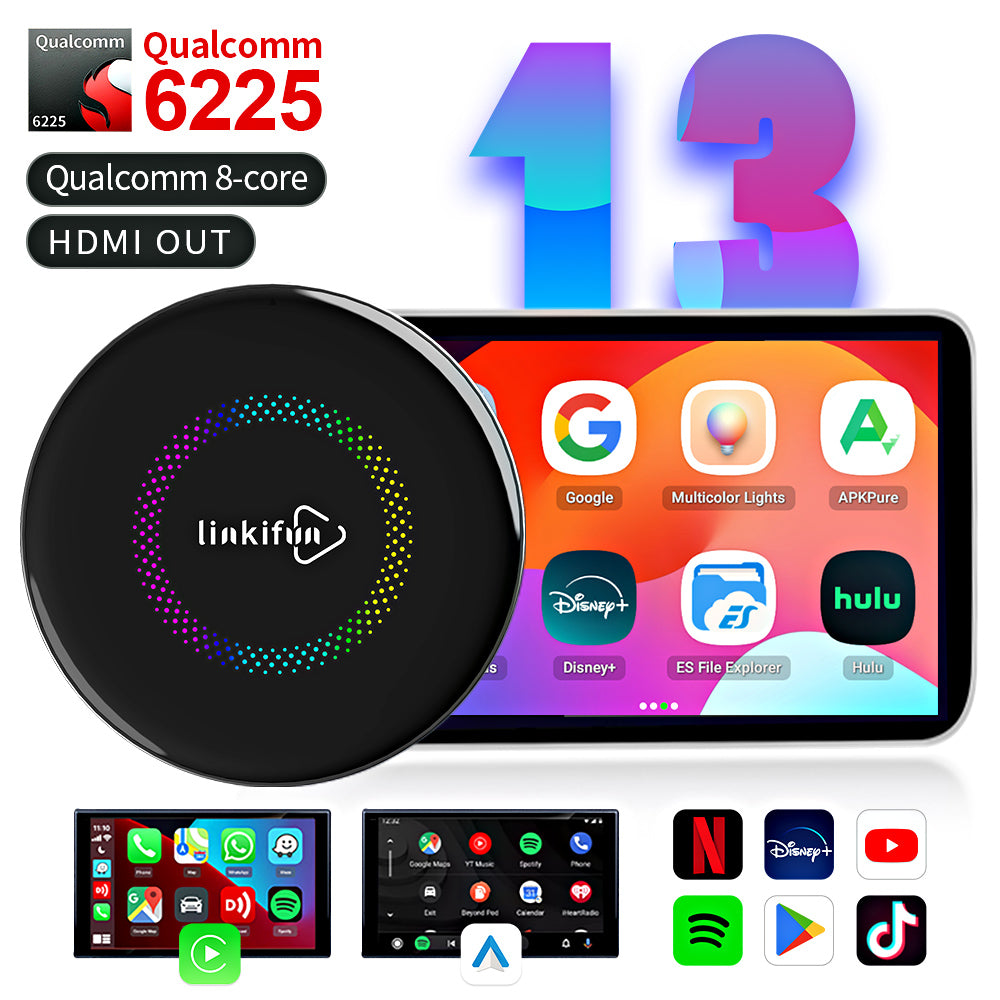 Linkifun™ GT7H Android 13 Smart AI Box Wireless CarPlay/Android Auto Adapter with Ambient Lighting and HDMI Out