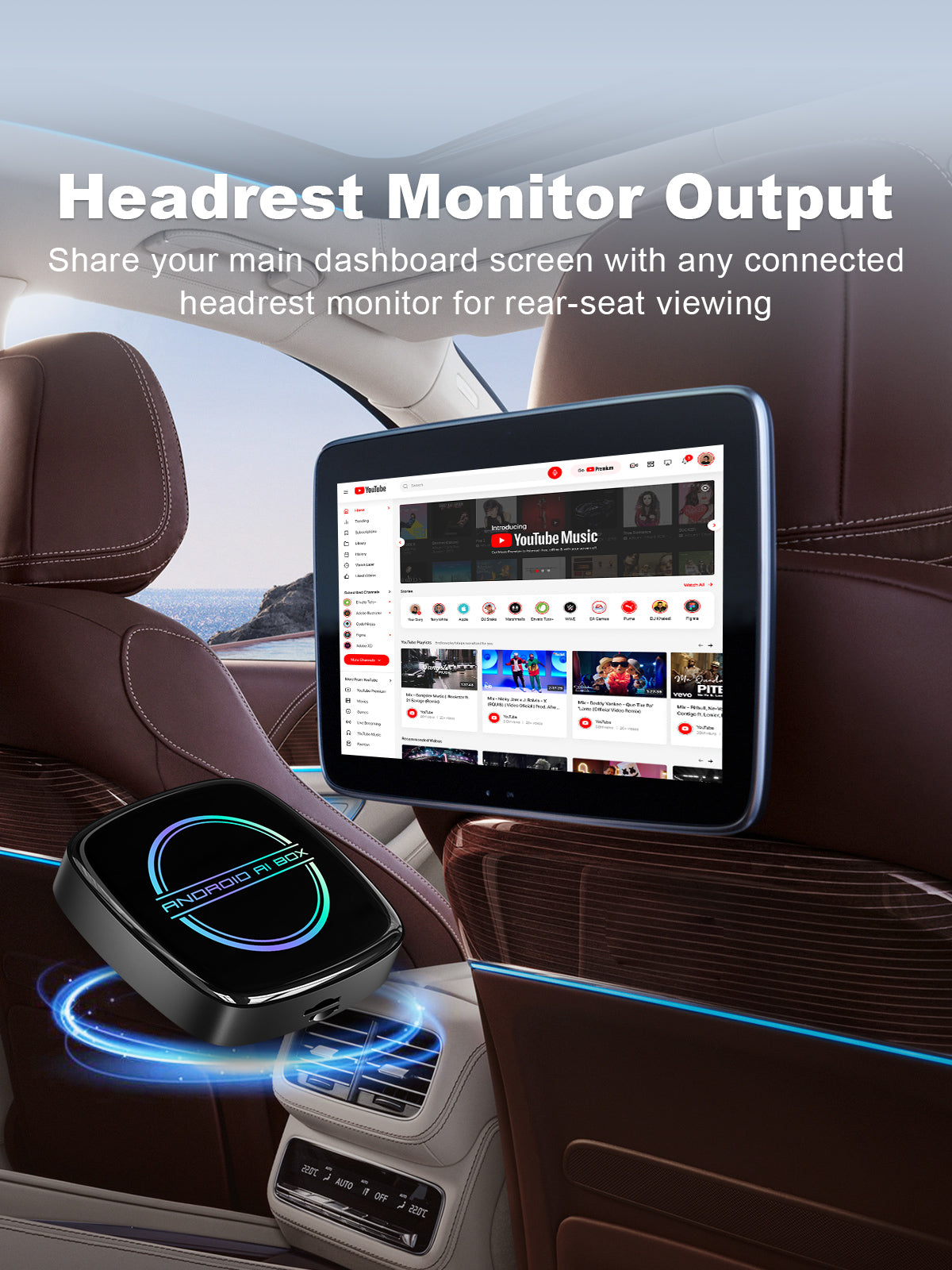 Linkifun GT8D Android 15 Smart AI Box sharing dashboard screen content to rear-seat headrest monitors