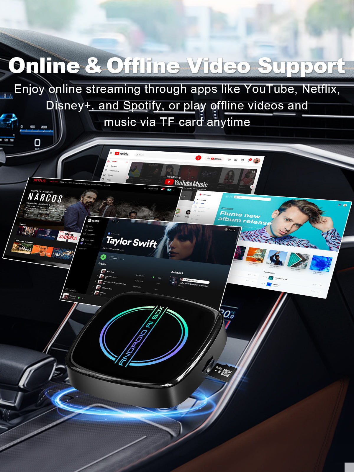 Linkifun GT8D Android 15 Smart AI Box supporting online streaming apps like YouTube, Netflix, Disney+, Spotify and offline video/music playback via TF card