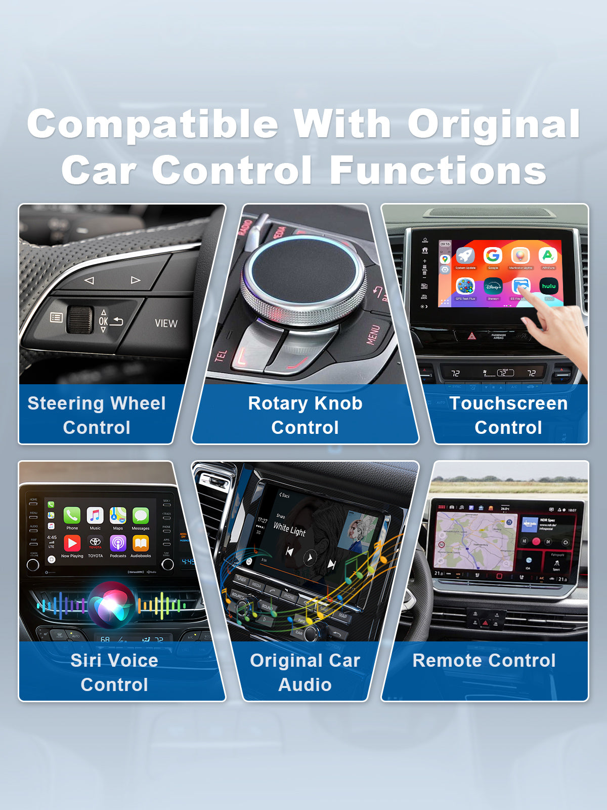 Linkifun GT8D Smart AI Box integrating smoothly with original vehicle touchscreen, steering wheel, voice assistant, and rotary knob controls