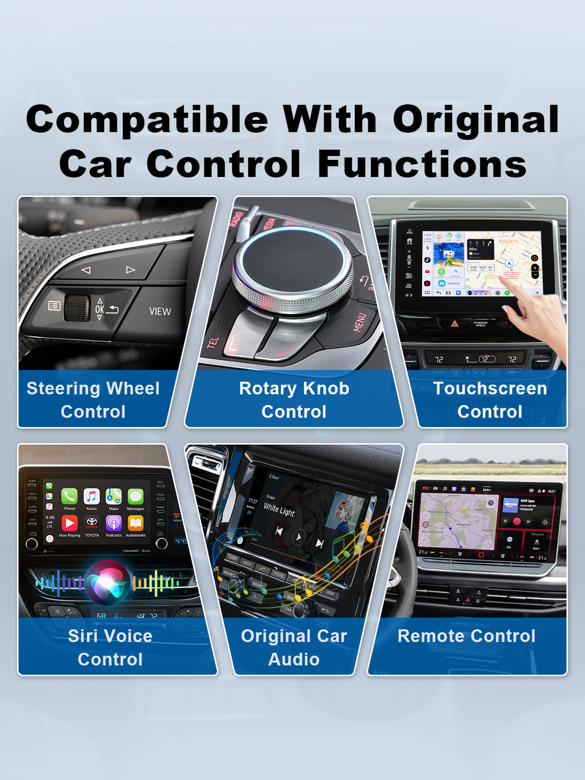 Linkifun GT8D Smart AI Box integrating smoothly with original vehicle touchscreen, steering wheel, voice assistant, and rotary knob controls