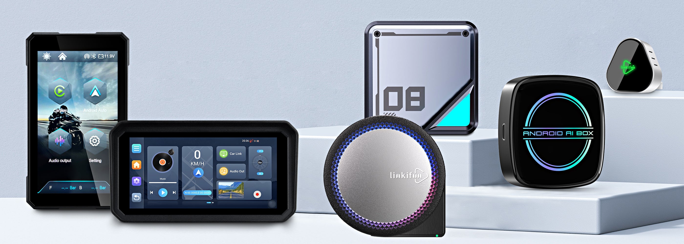 Linkifun home page banner showcasing featured smart AI boxes, wireless CarPlay adapters, and motorcycle screens for a smarter driving and riding experience
