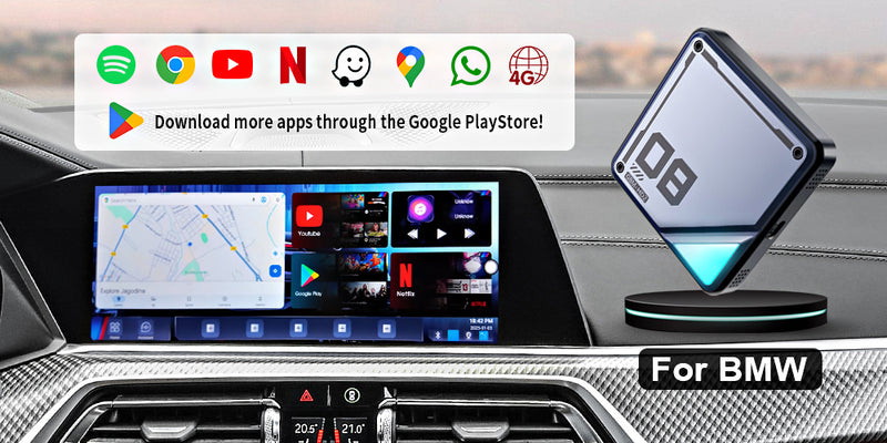 Linkifun L8 Android 13 Smart AI Box for BMW with TF card support, wireless CarPlay/Android Auto, and streaming apps like YouTube & Netflix