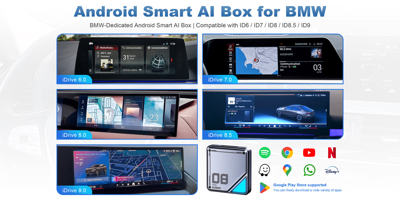 Compatibility chart showing that the Linkifun L8 Android AI Box supports BMW iDrive systems ID6, ID7, ID8, ID8.5, and ID9.