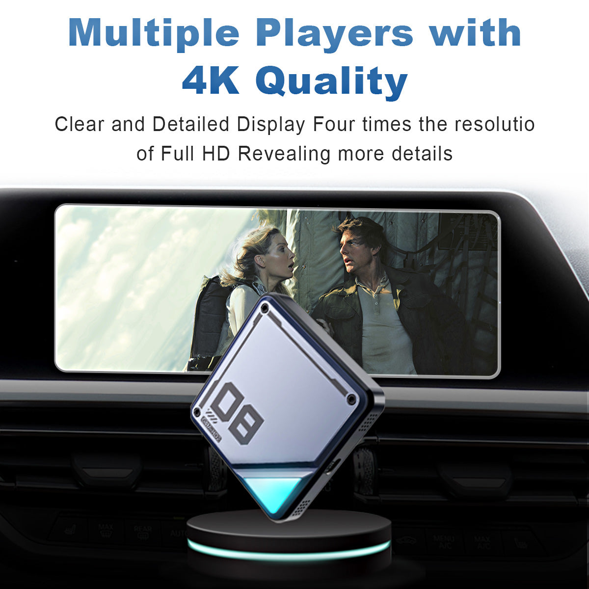 4K Ultra HD media playback on the Linkifun L8 CarPlay Android AI Box, supporting YouTube, Hulu, Netflix, Disney+, and other streaming apps in 3840x2160 resolution.