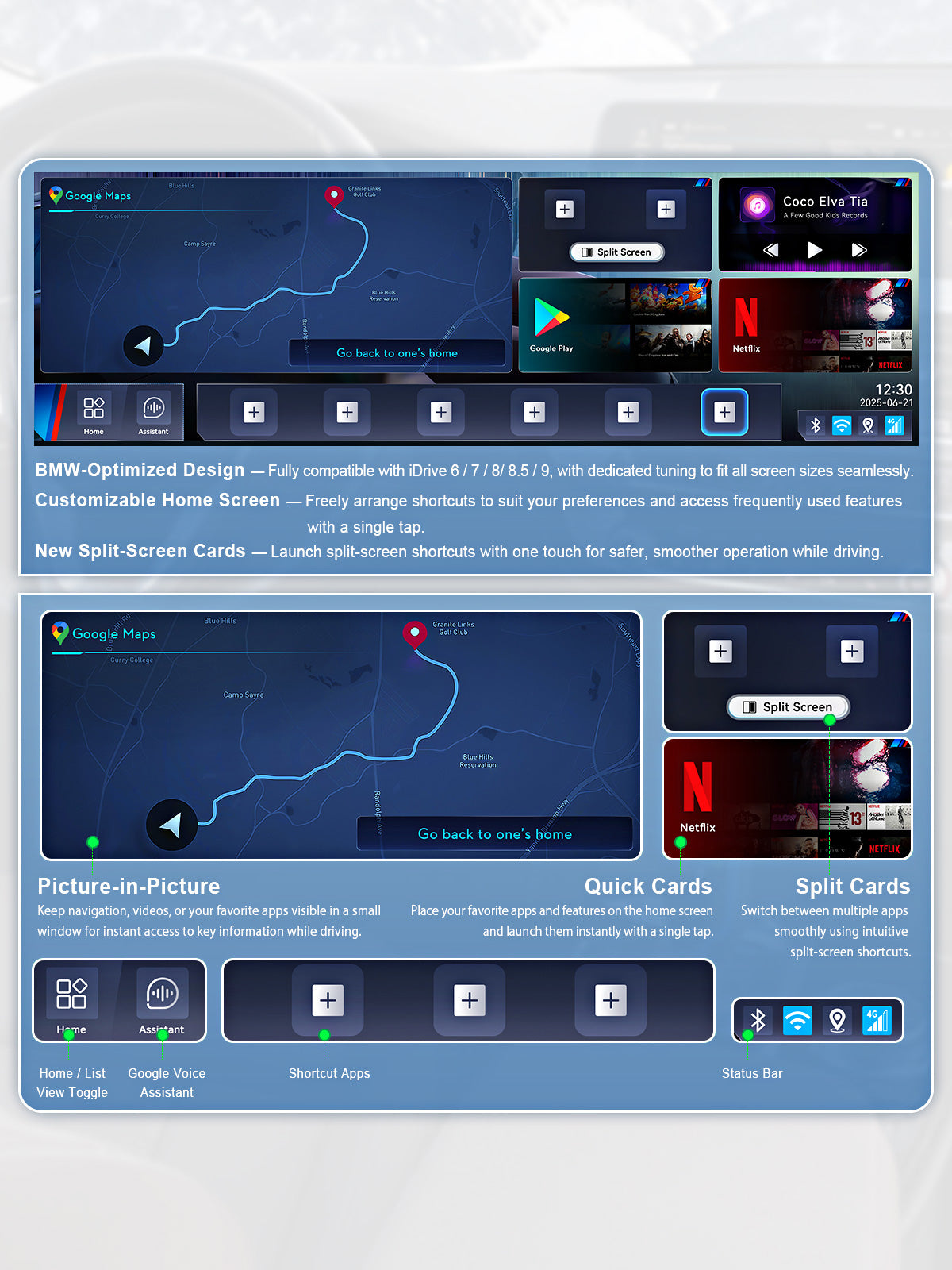 Customizable home screen layout of the Linkifun L8 CarPlay Android AI Box, allowing users to adjust app drawers, components, and desktop layouts for a personalized interface.