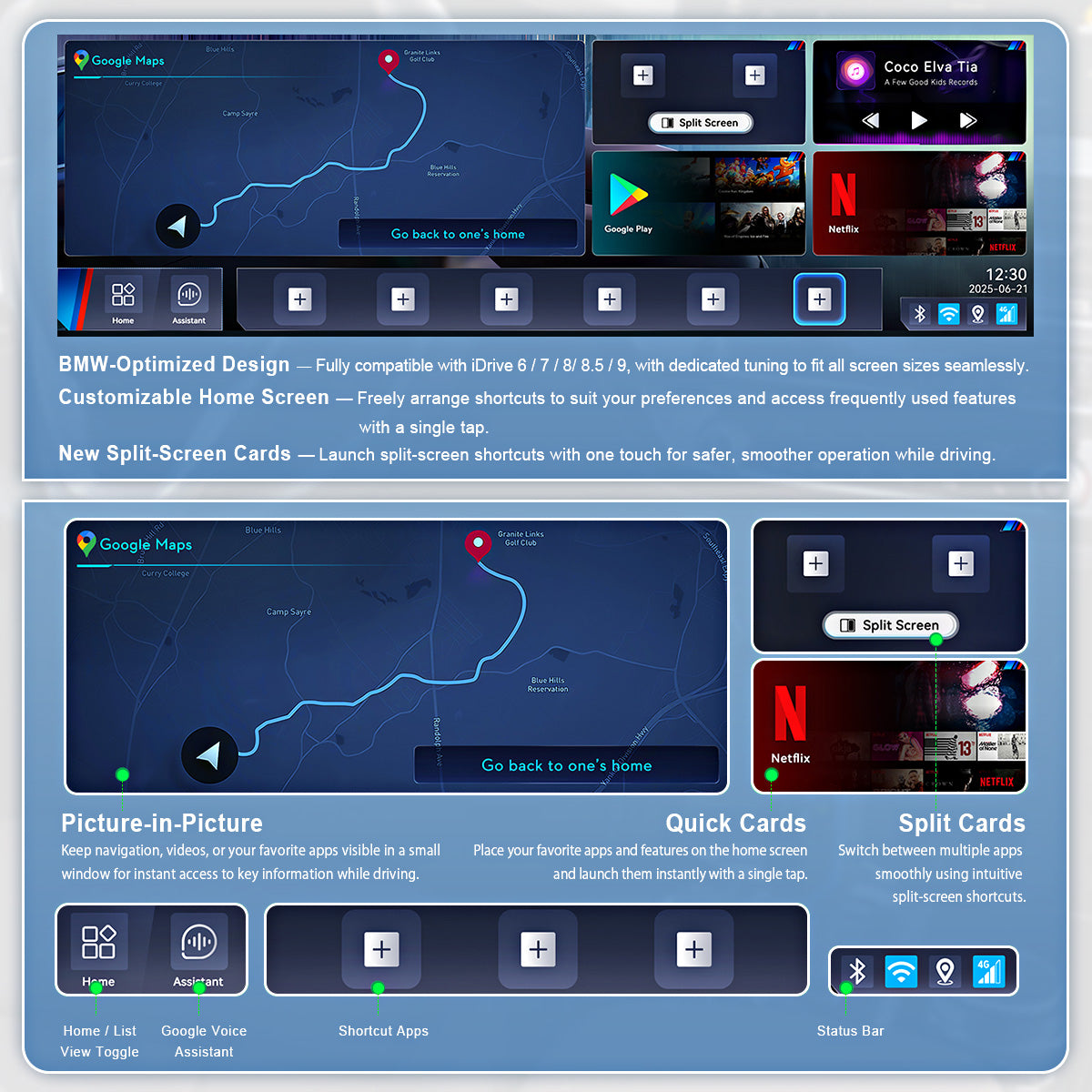 Customizable home screen layout of the Linkifun L8 CarPlay Android AI Box, allowing users to adjust app drawers, components, and desktop layouts for a personalized interface.