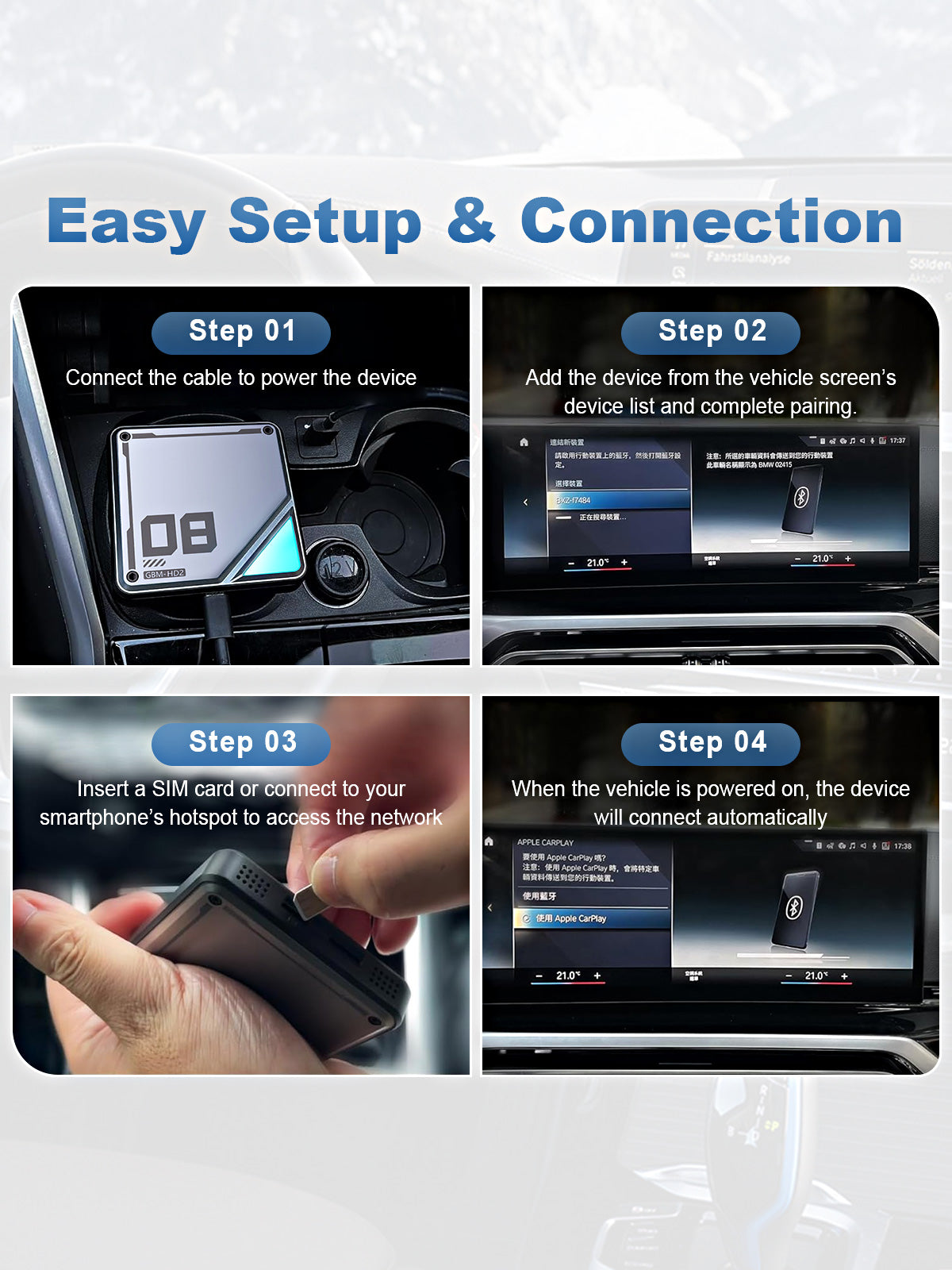 Initial connection guide for the Linkifun L8 CarPlay Android AI Box, explaining that BMW models auto-connect after the first setup, while MINI Cooper and Toyota GR Supra require manual connection each time. Smartphone not required for connection.