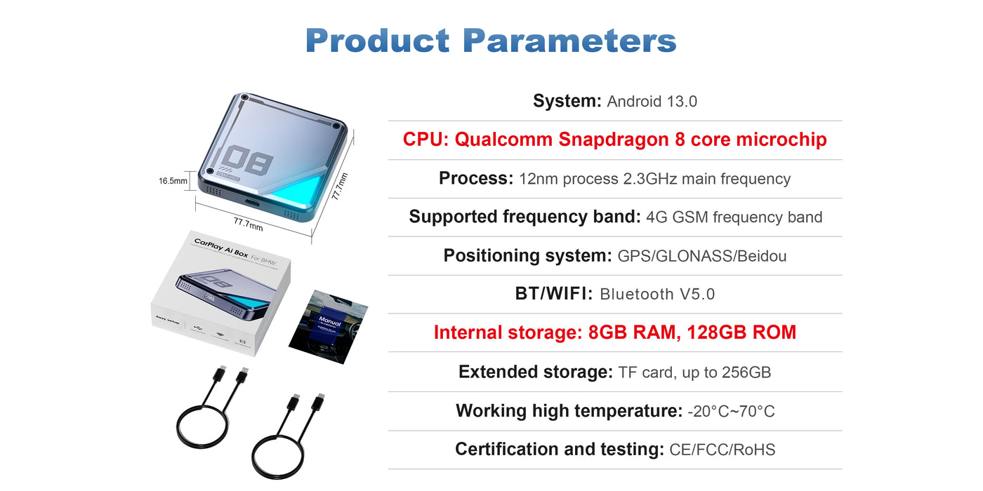 Specifications and dimensions of the Linkifun L8 CarPlay Android AI Box displayed in a mobile-friendly format, including measurements and key features.