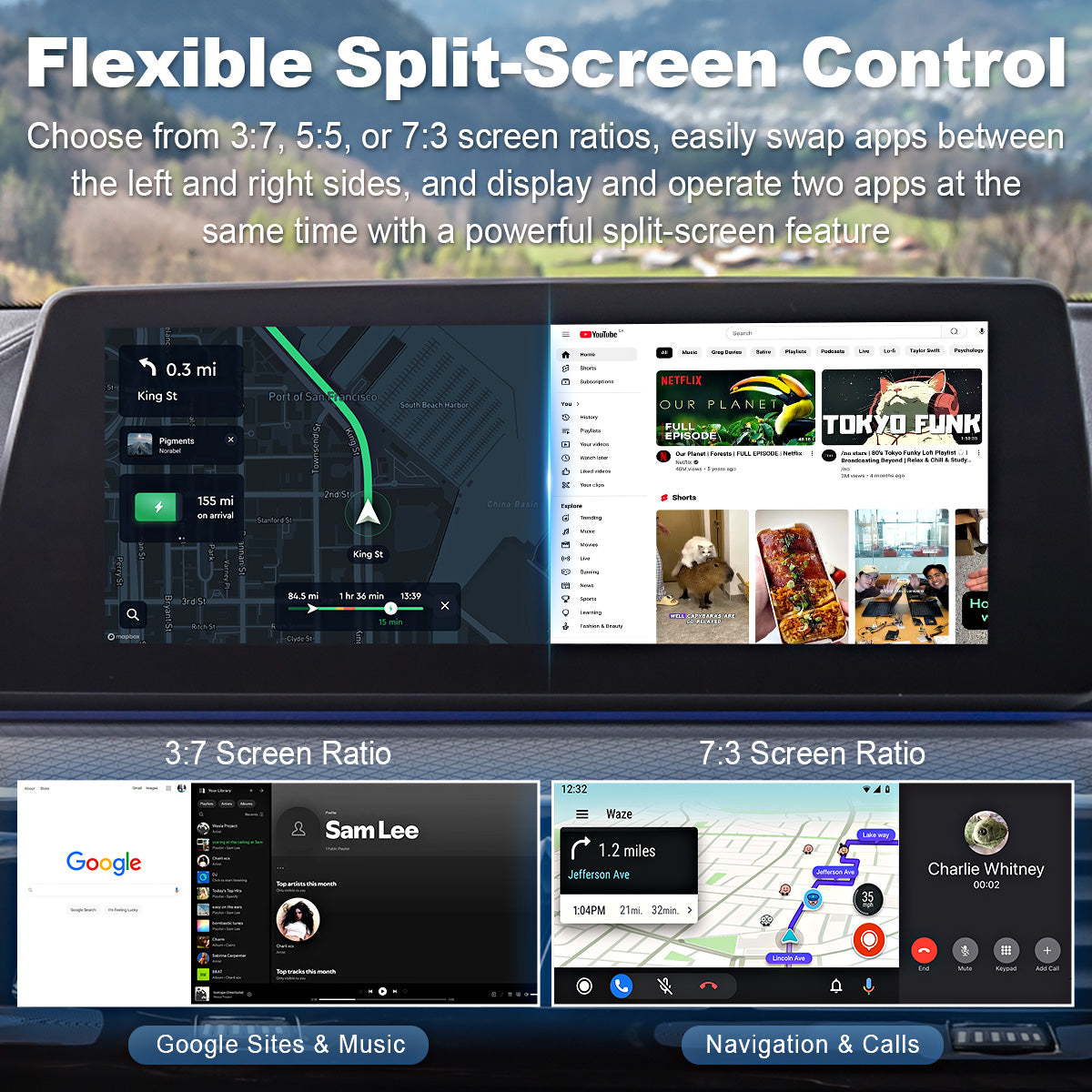 Split-screen multitasking feature of the Linkifun L8 CarPlay Android AI Box, allowing customizable screen ratios and quick-access presets for navigation, video, and music apps.