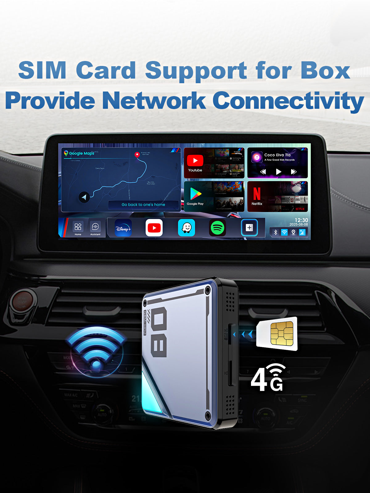 Versatile connectivity options of the Linkifun L8 CarPlay Android AI Box, supporting SIM card internet and mobile hotspot connection for reliable online access.