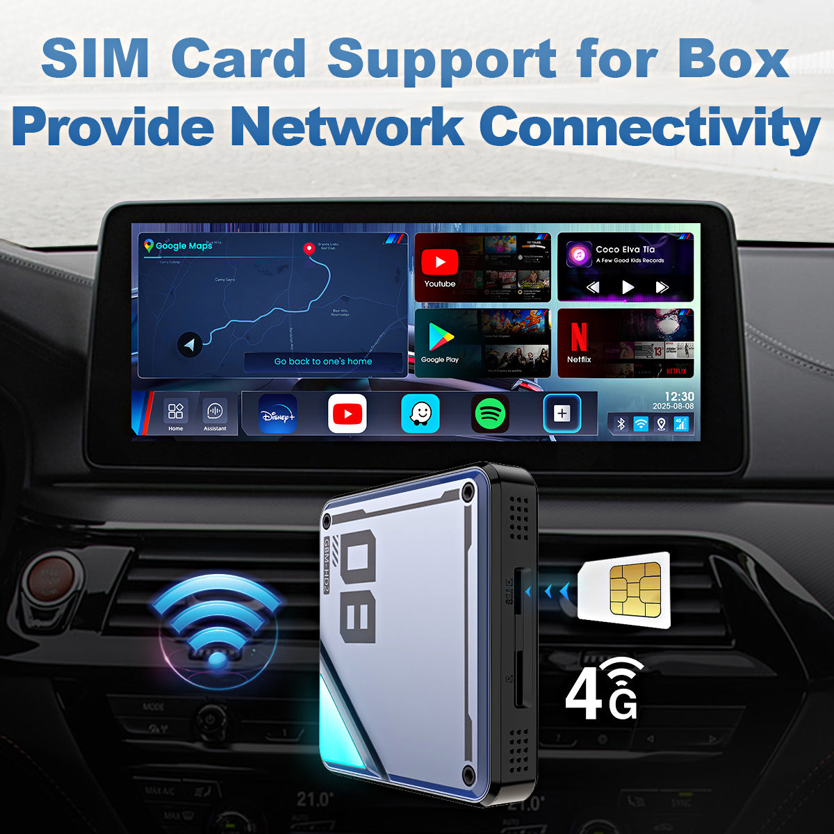 Versatile connectivity options of the Linkifun L8 CarPlay Android AI Box, supporting SIM card internet and mobile hotspot connection for reliable online access.