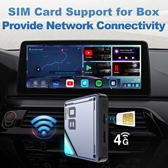 Versatile connectivity options of the Linkifun L8 CarPlay Android AI Box, supporting SIM card internet and mobile hotspot connection for reliable online access.
