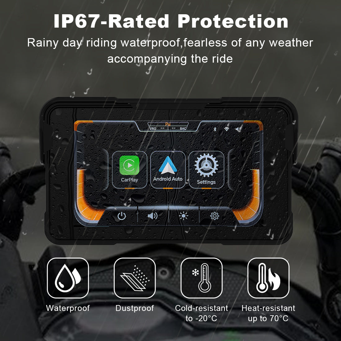 Linkifun M11A motorcycle screen with IP67 waterproof and dustproof protection for reliable use in rain, dust, and extreme temperatures