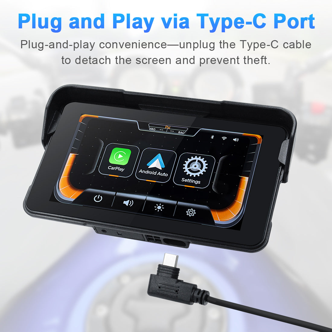 Linkifun M11A motorcycle screen with bottom Type-C plug for easy removal and anti-theft convenience without tools