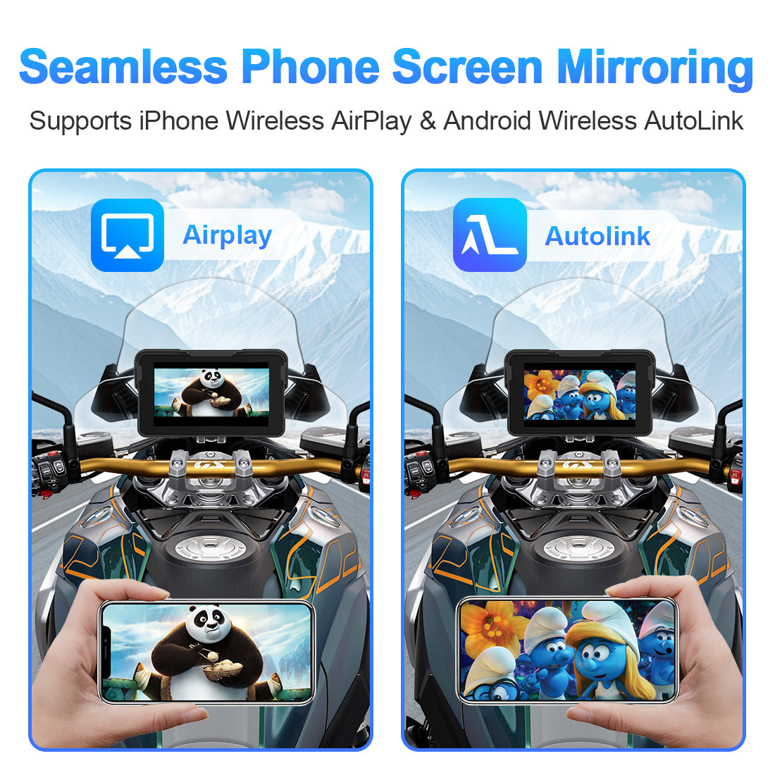 Linkifun M11A motorcycle screen with wireless screen mirroring via iPhone AirPlay and Android AutoLink for GPS and media sharing