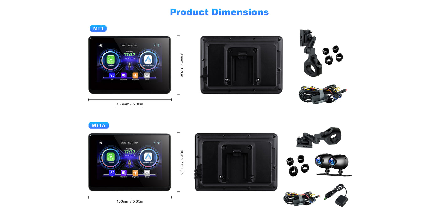 Linkifun MT1/ MT1A motorcycle navigation screen with detailed product dimensions and screen size specifications