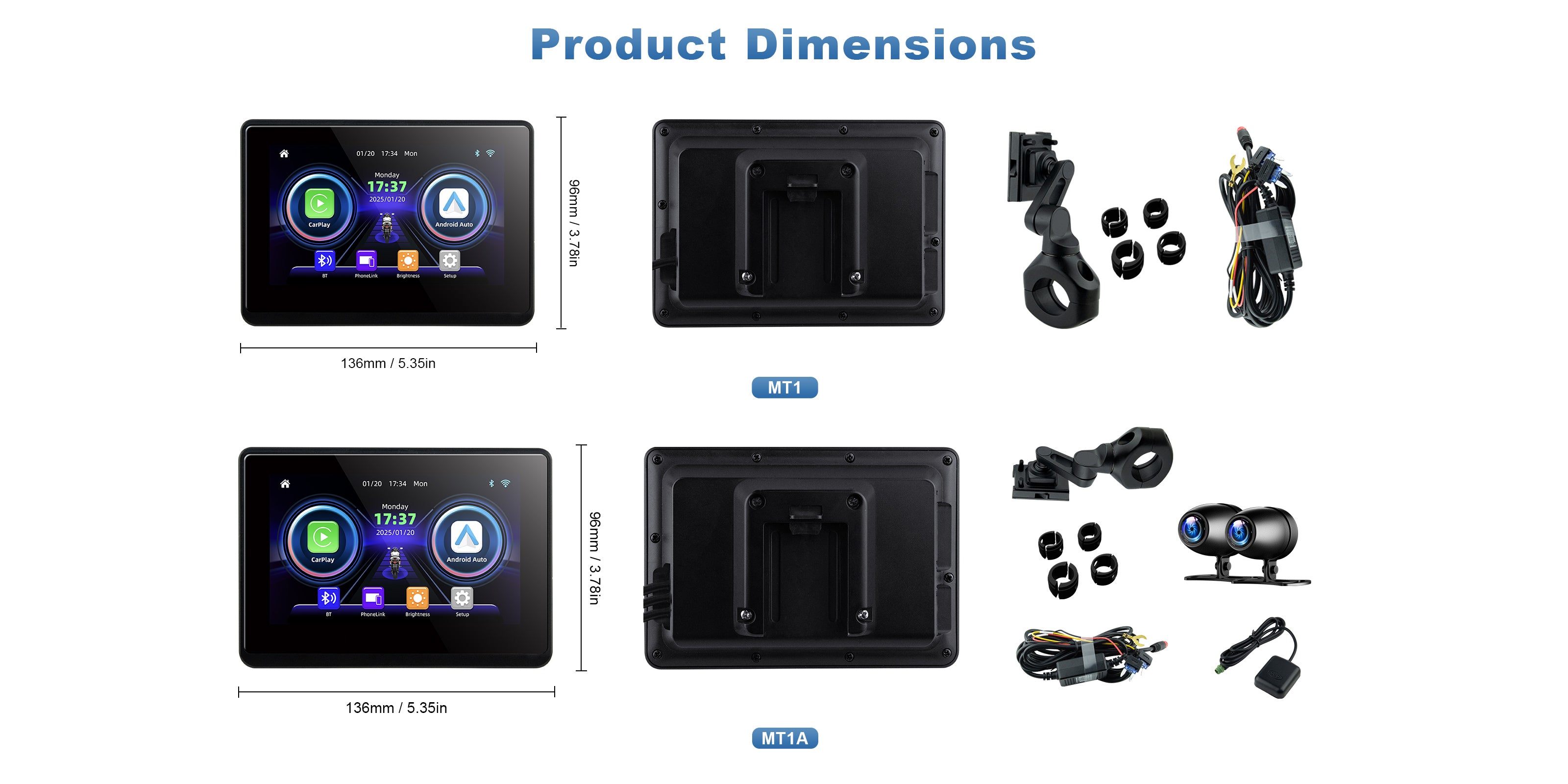 Linkifun MT1 motorcycle navigation display size specifications with detailed dimensions for accurate fitting on different motorcycle models