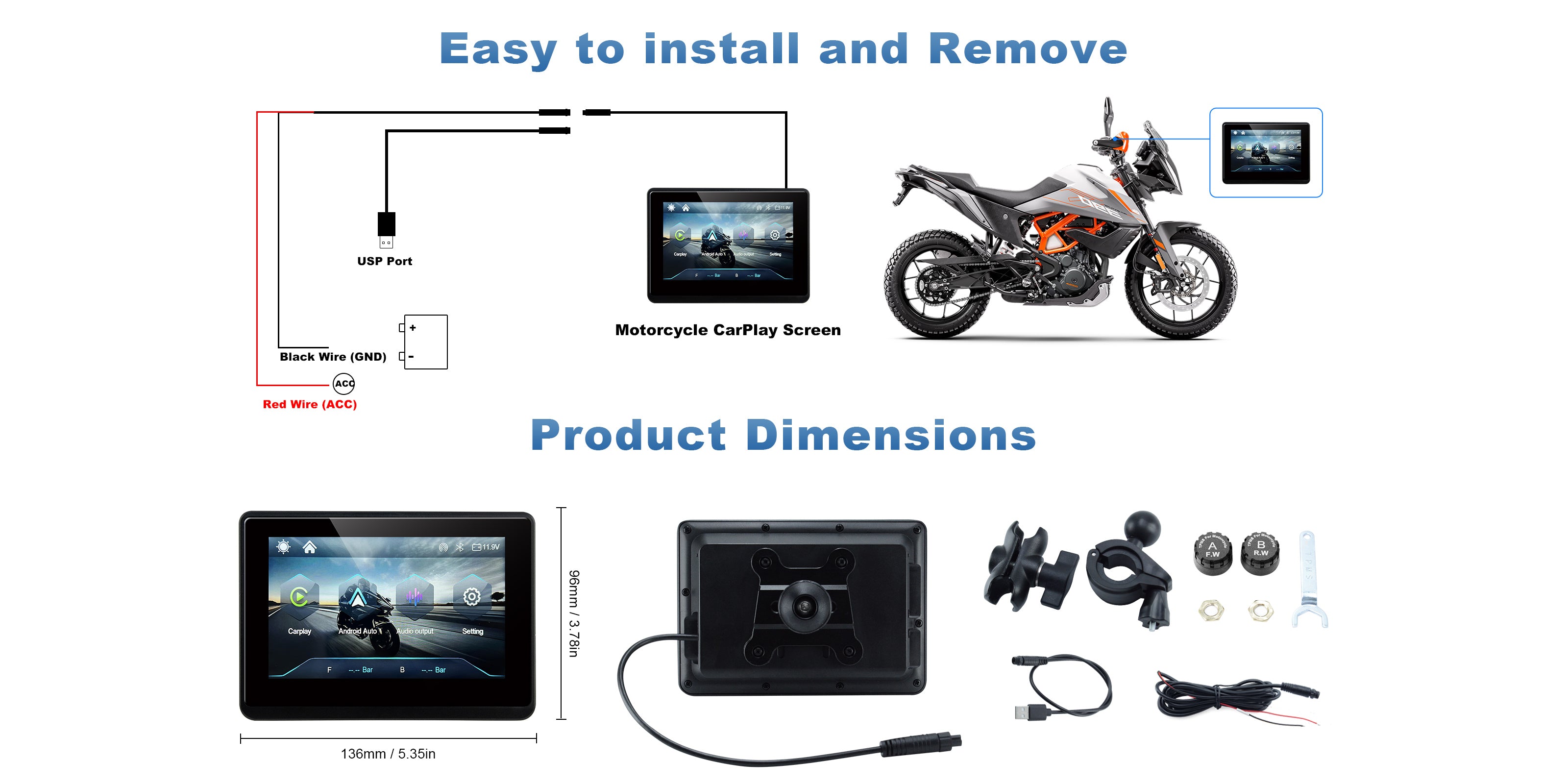 Linkifun MT1 motorcycle navigation screen wiring installation diagram with step-by-step cable connection guide for easy setup