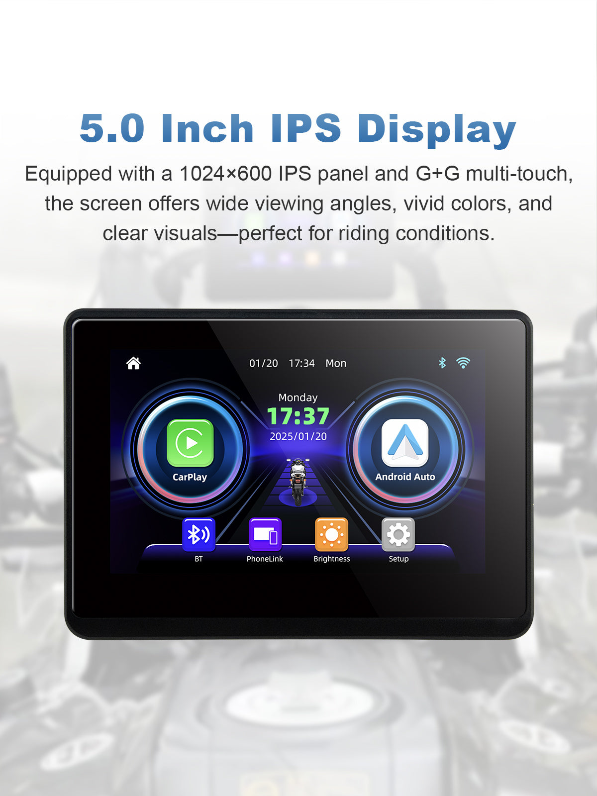 Linkifun MT1 motorcycle navigation screen with 5.0-inch IPS touchscreen, 1024x600 resolution, vivid colors, wide viewing angles, and responsive multi-touch control