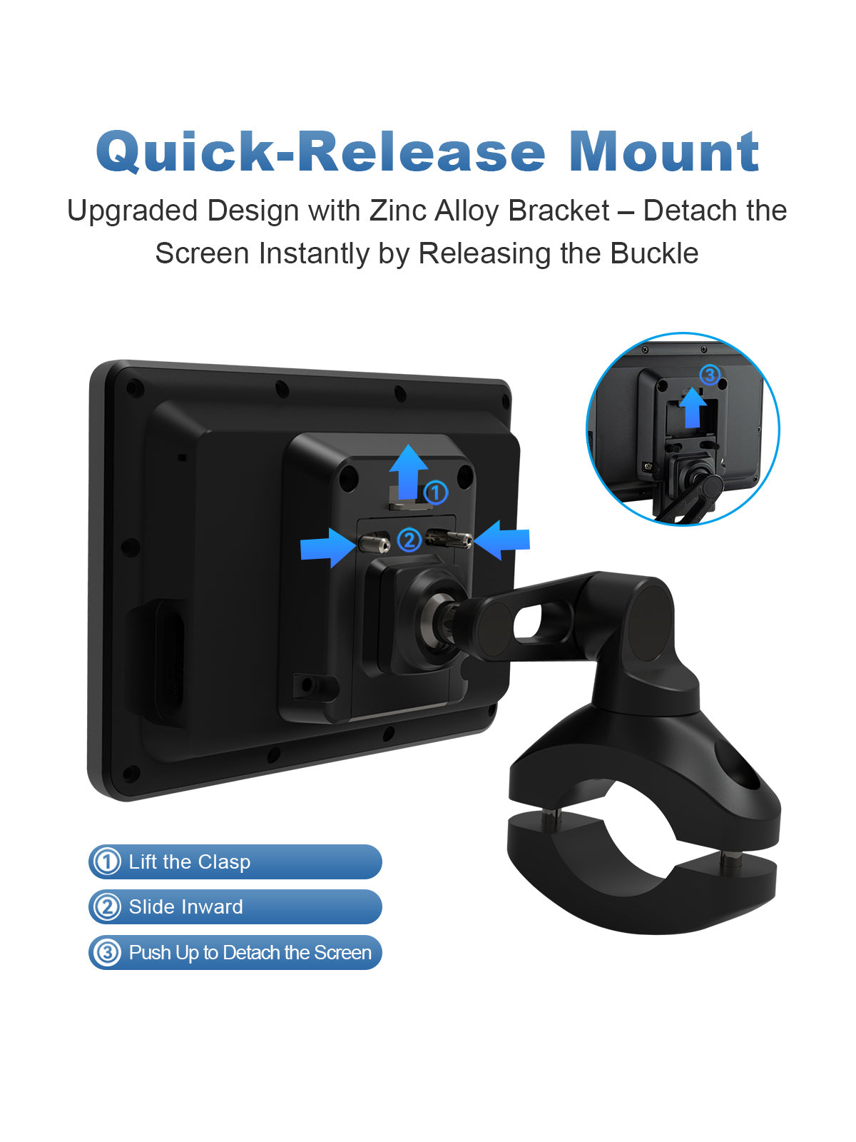 Linkifun MT1 motorcycle navigation screen with quick-release zinc alloy mount for instant detachment, durable design, and added theft prevention