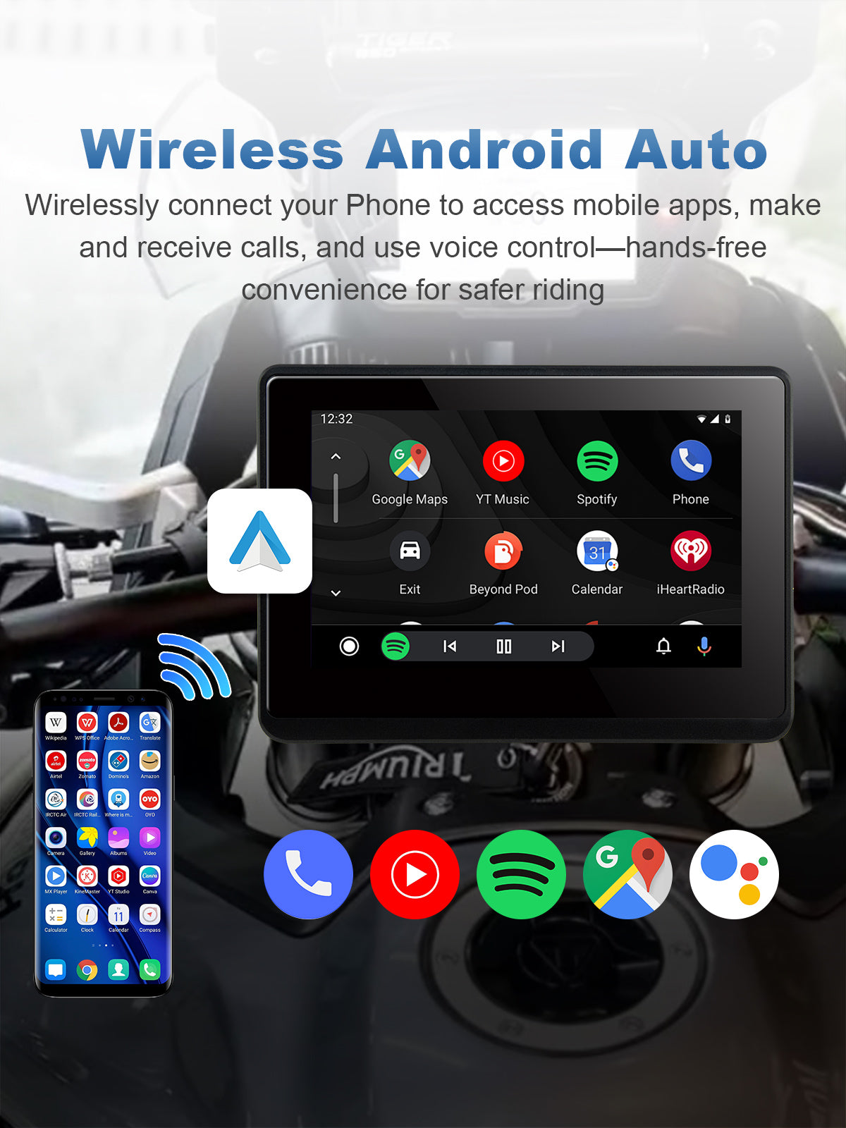 Linkifun MT1 motorcycle navigation screen with wireless Android Auto for Android users, enabling Google Maps, Google Assistant, music streaming, and calls