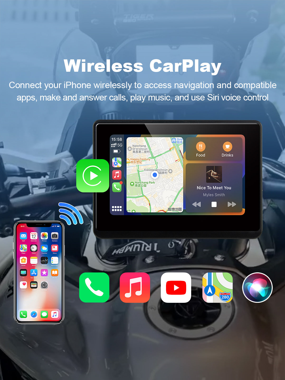 Linkifun MT1 motorcycle navigation screen with wireless Apple CarPlay for iPhone users, supporting Apple Maps, Siri voice control, music, and calls