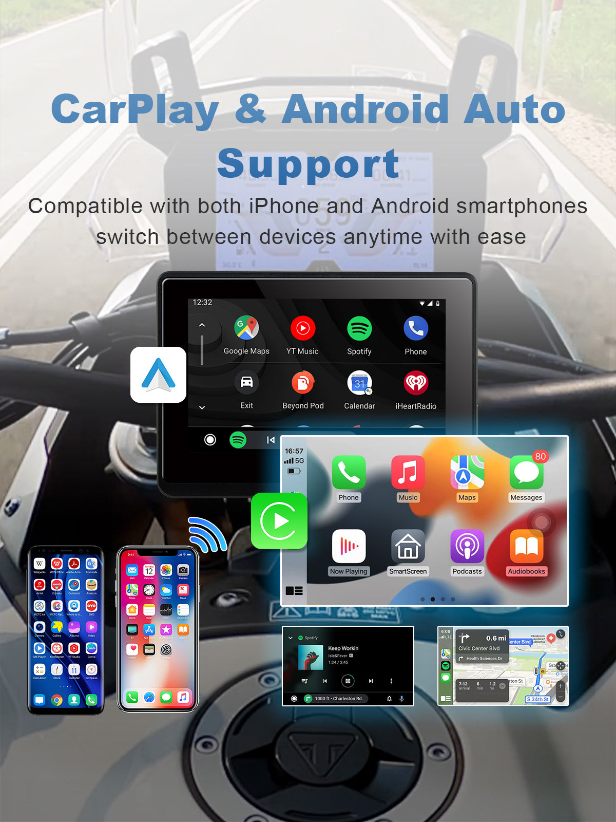 Linkifun MT1 motorcycle navigation screen with wireless CarPlay and Android Auto for smart navigation, music streaming, calls, and voice assistant control