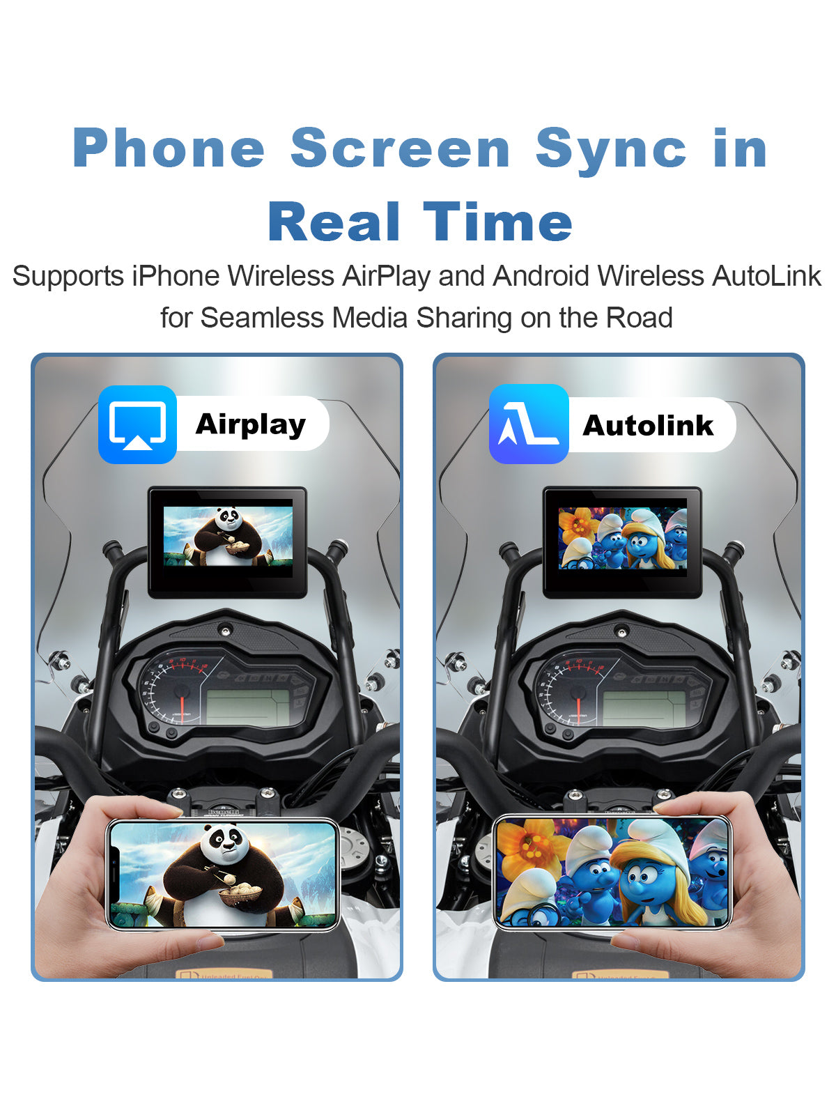 Linkifun MT1 motorcycle navigation screen with wireless screen mirroring via AirPlay for iPhone and AutoLink for Android to display GPS, videos, and ride stats