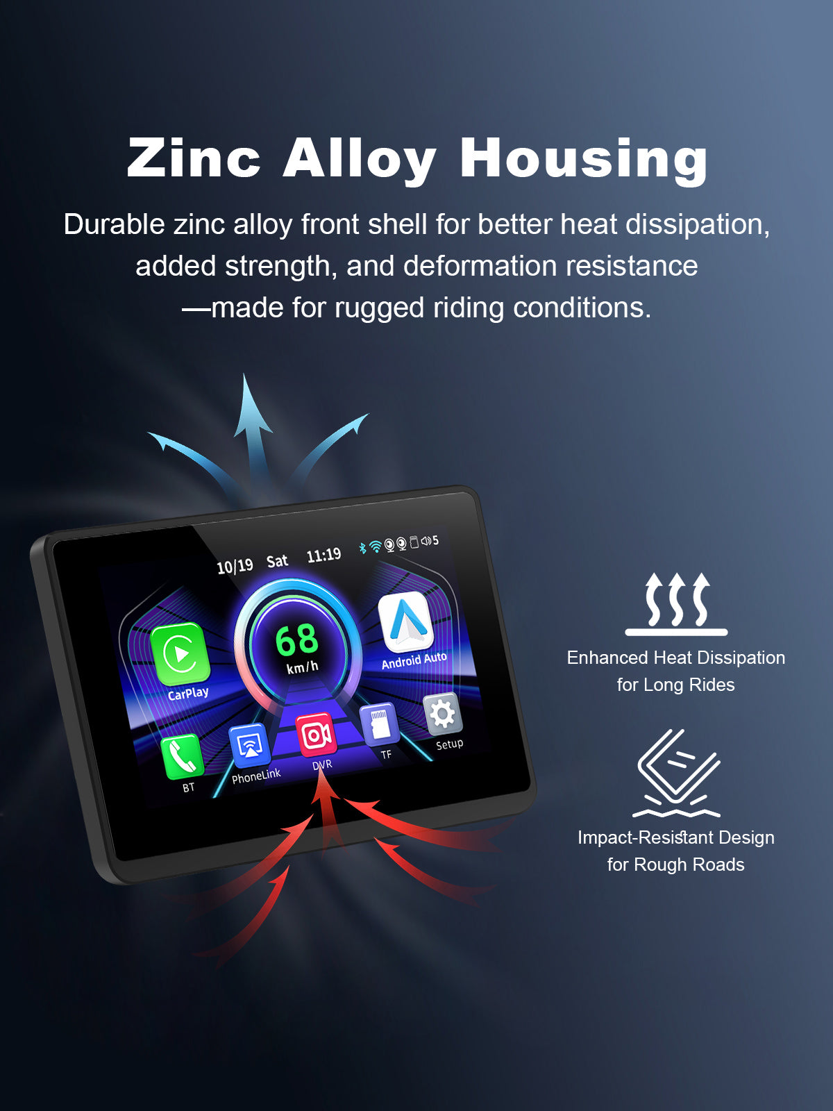 Linkifun MT1 motorcycle navigation screen with durable zinc alloy shell for enhanced strength, heat dissipation, and resistance to deformation in rugged riding conditions