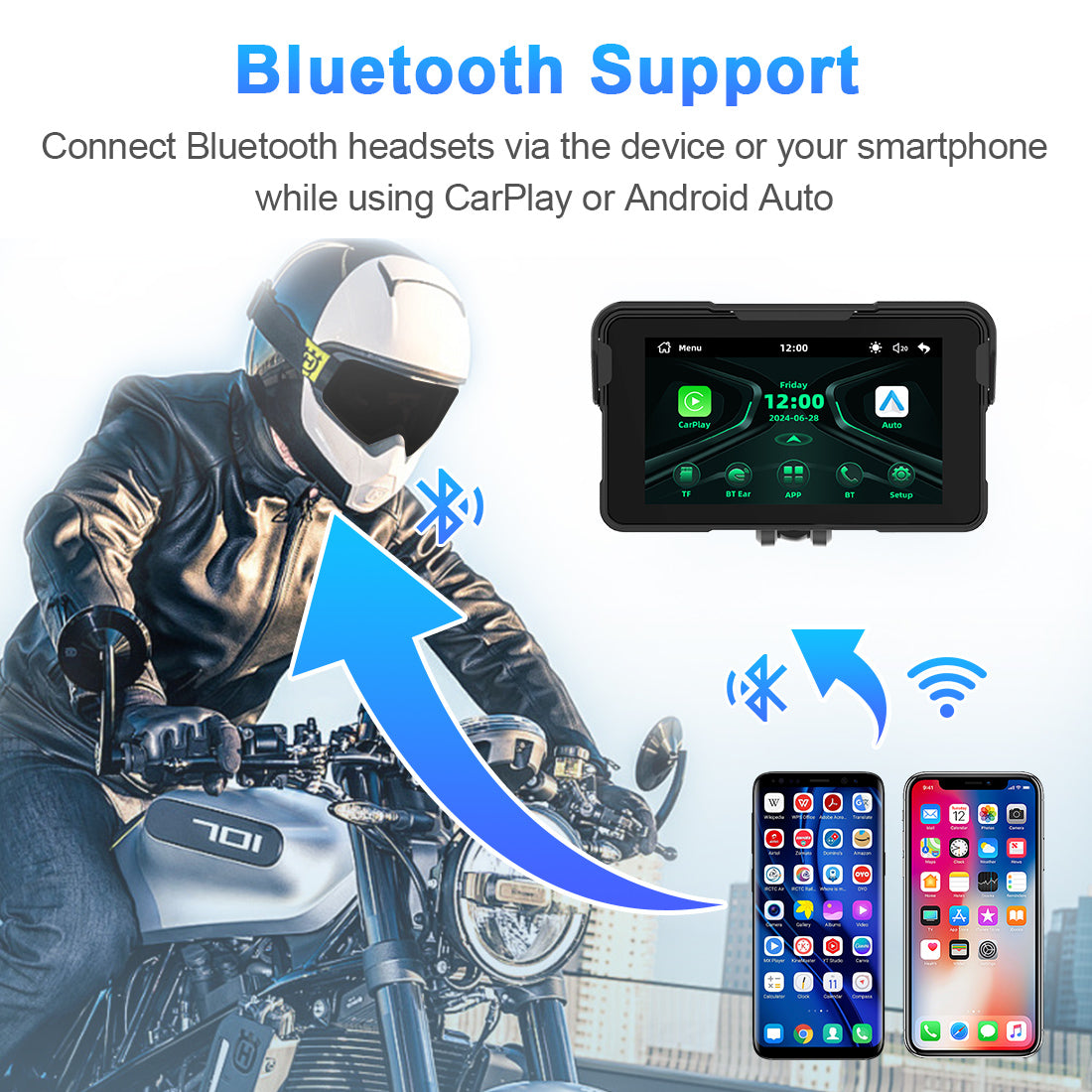 Comparison of dual Bluetooth and single Bluetooth connection on motorcycle screen for linking smartphones and Bluetooth headsets