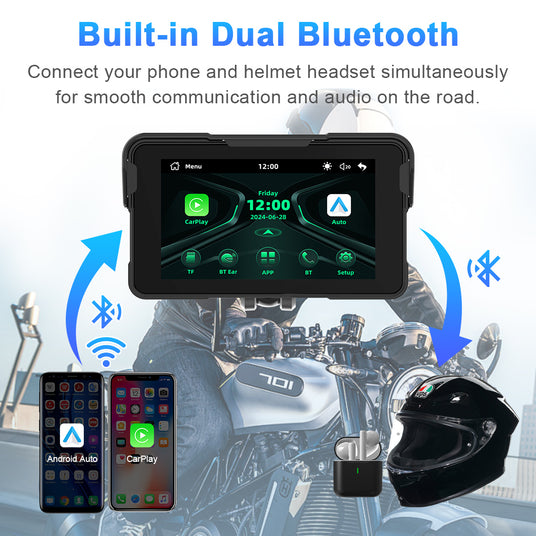 Comparison of dual Bluetooth and single Bluetooth connection on motorcycle screen for linking smartphones and Bluetooth headsets