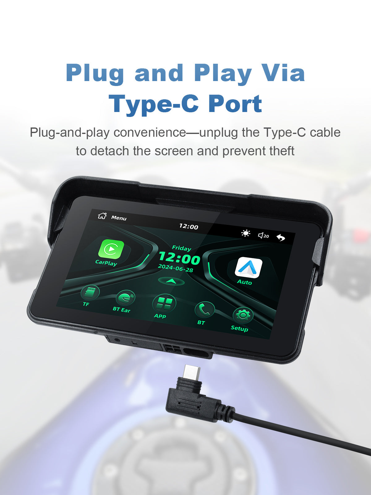 Linkifun MT11 motorcycle navigation screen with convenient detachable design and Type-C plug connection, allowing easy removal for theft prevention and weather protection