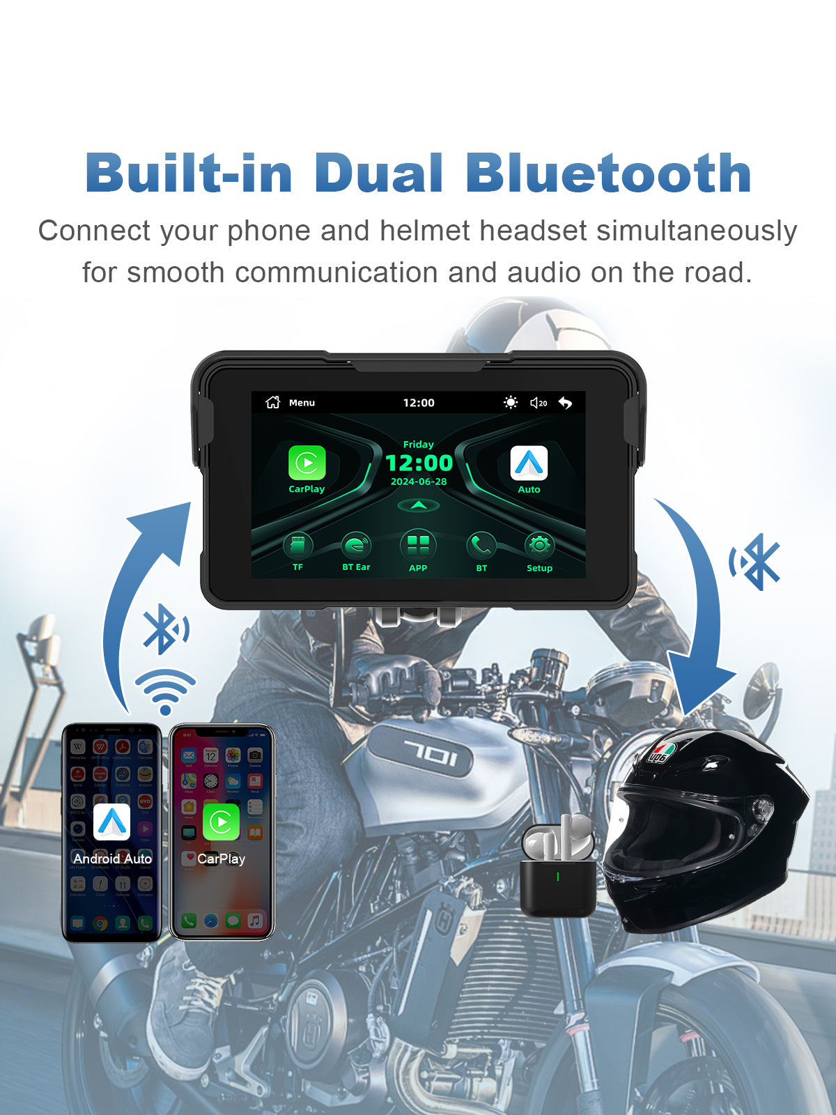 Linkifun MT11 motorcycle navigation screen with advanced dual Bluetooth connection for seamless audio, enabling stable low-latency voice prompts, music, and calls directly to helmet headsets