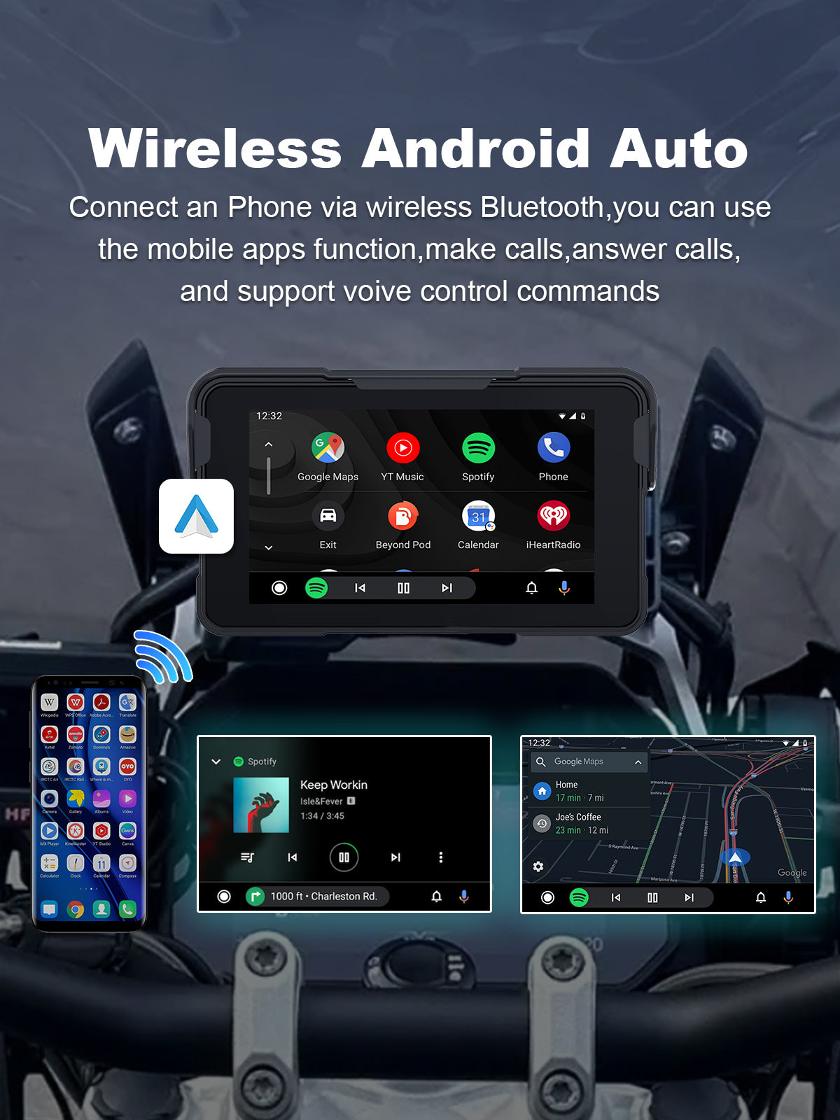 Linkifun MT11 motorcycle navigation screen with wireless Android Auto support for Android users, allowing Google Maps, Google Assistant, music streaming, and hands-free calls