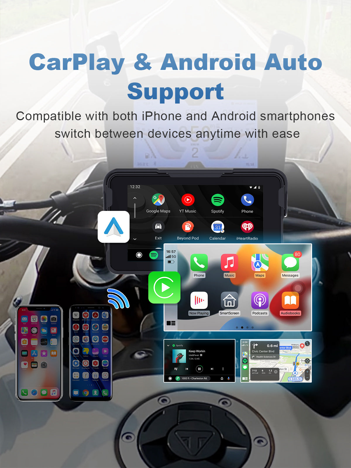 Linkifun MT11 motorcycle navigation screen with seamless wireless CarPlay and Android Auto connectivity for hands-free navigation, music, calls, and voice assistant control