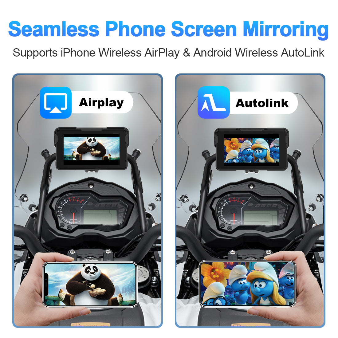 Linkifun MT11 motorcycle screen with seamless phone screen mirroring via iPhone AirPlay and Android AutoLink for media, apps, and GPS display