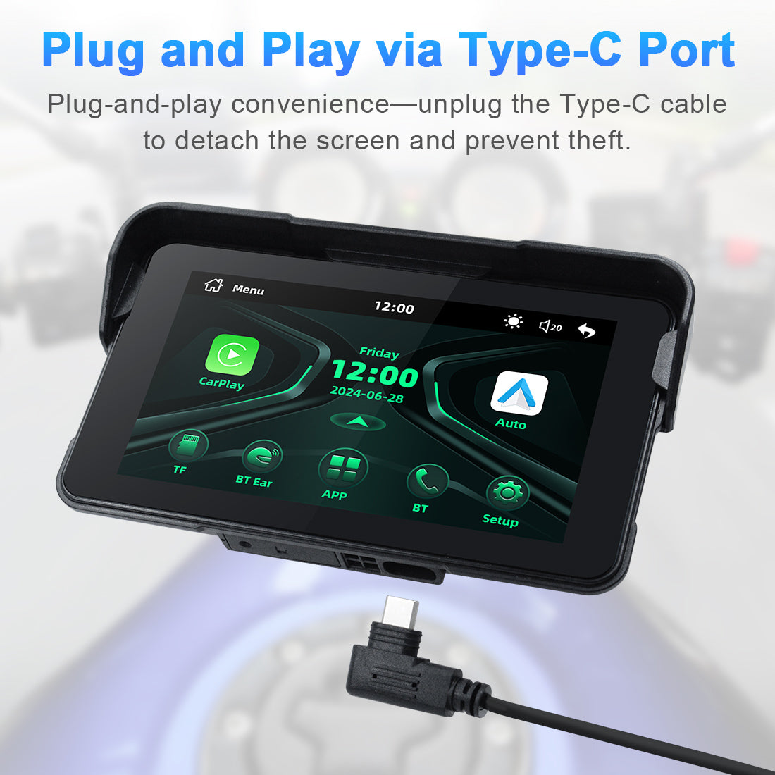 Linkifun MT11 motorcycle navigation screen with removable Type-C plug connection for easy installation and theft prevention