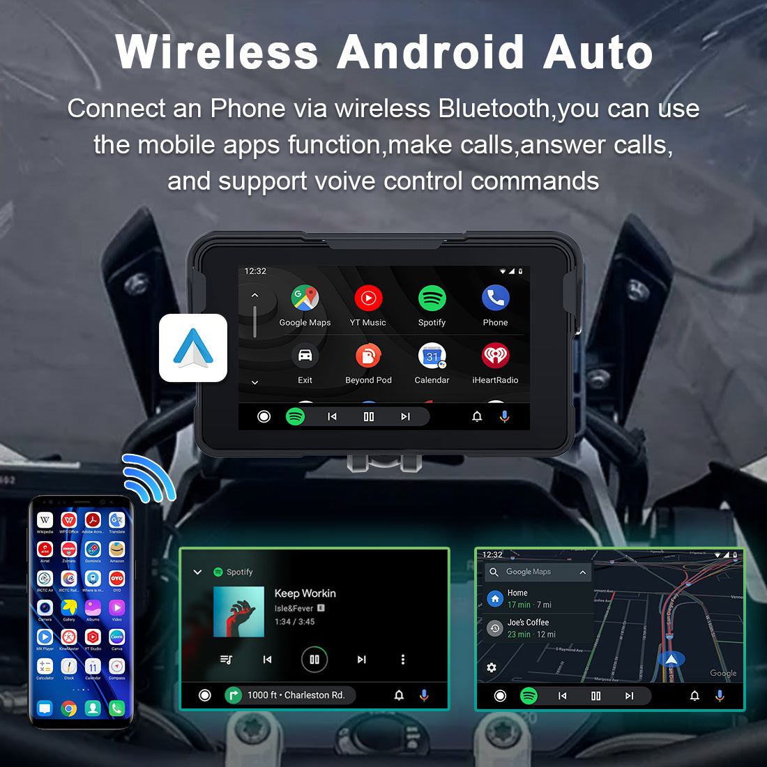 Linkifun MT11 motorcycle screen with Wireless Android Auto support for Android navigation, music, and Google Assistant