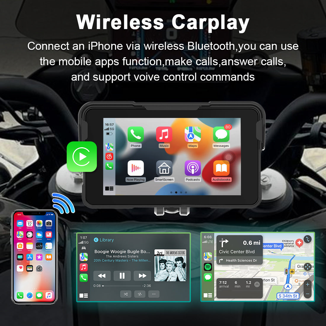 Linkifun MT11 motorcycle screen with Wireless Apple CarPlay support for iPhone navigation, music, and Siri