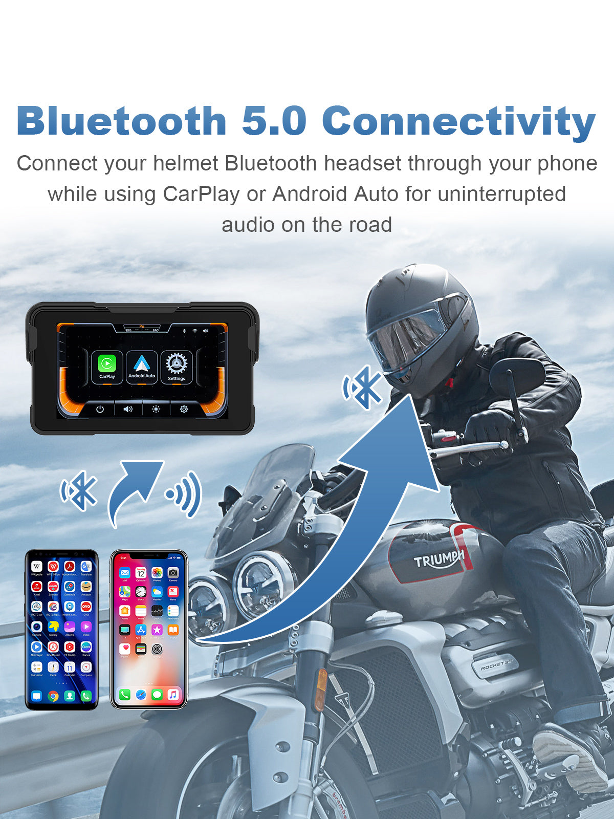 Linkifun MT11A motorcycle navigation screen with Bluetooth 5.0 connectivity for smooth audio playback, enabling helmet headset pairing for navigation prompts, music, and hands-free calls