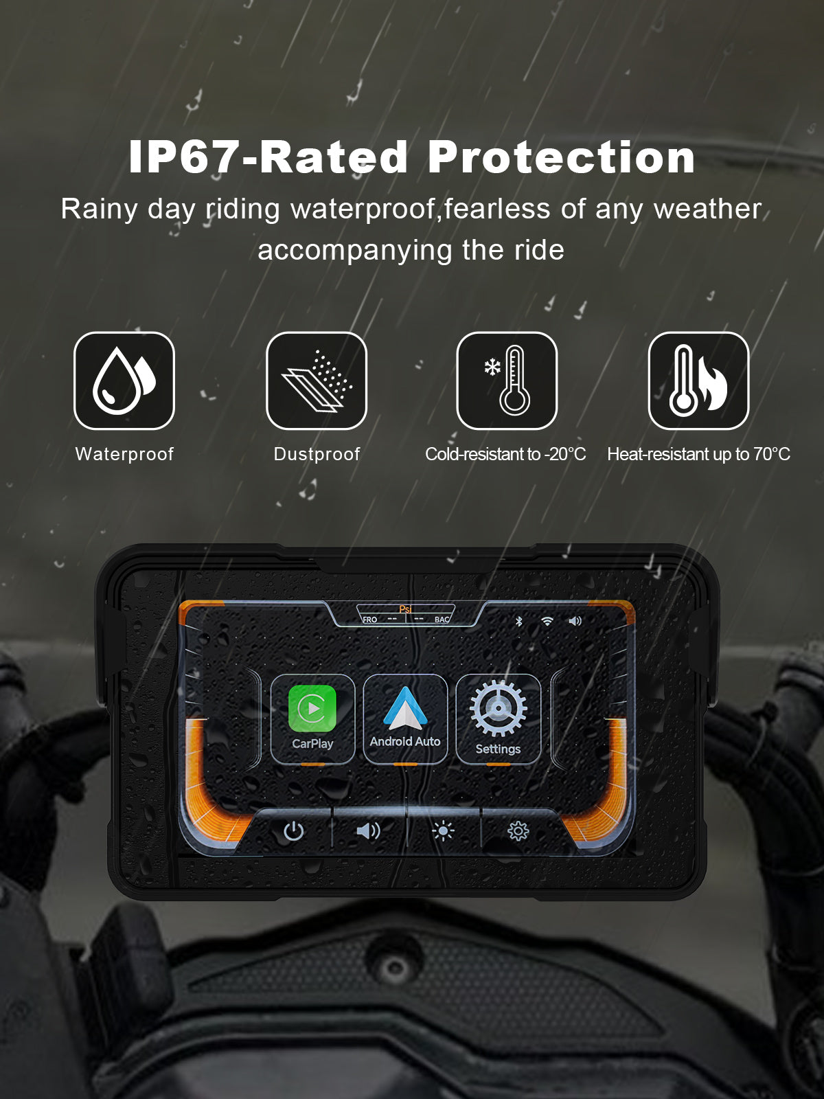 Linkifun MT11A motorcycle navigation screen with IP67 waterproof and dustproof protection, durable performance in rain, dust, and temperatures from -20°C to 70°C for all-weather riding