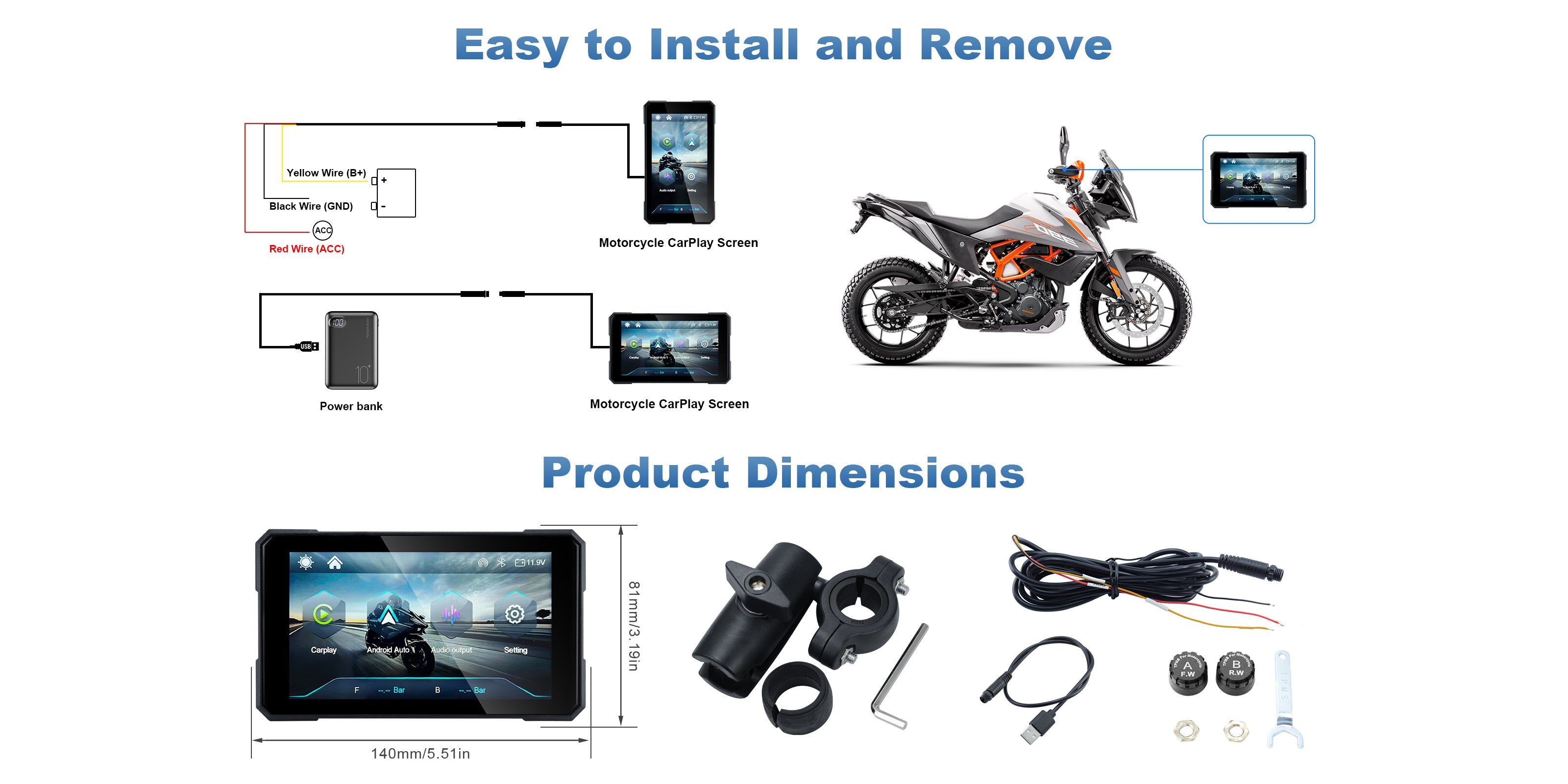 Linkifun MT15 motorcycle navigation screen wiring installation diagram showing power connection and setup