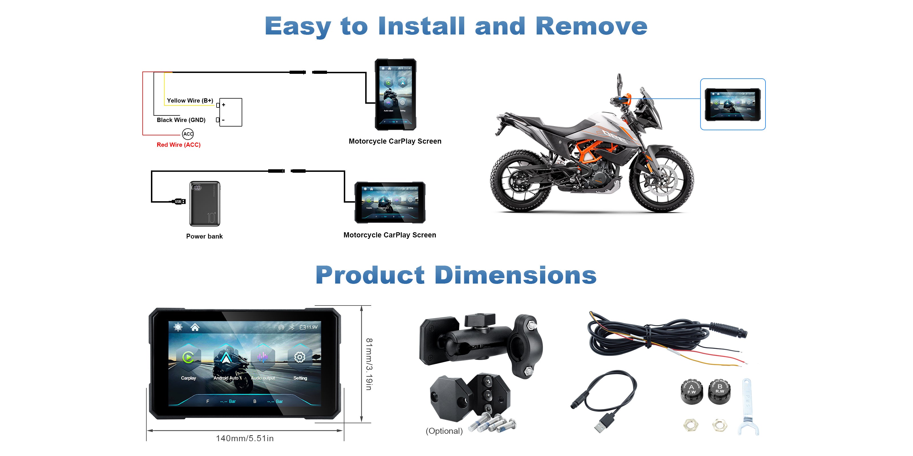 Linkifun MT15 motorcycle navigation screen wiring installation diagram showing power connection and setup