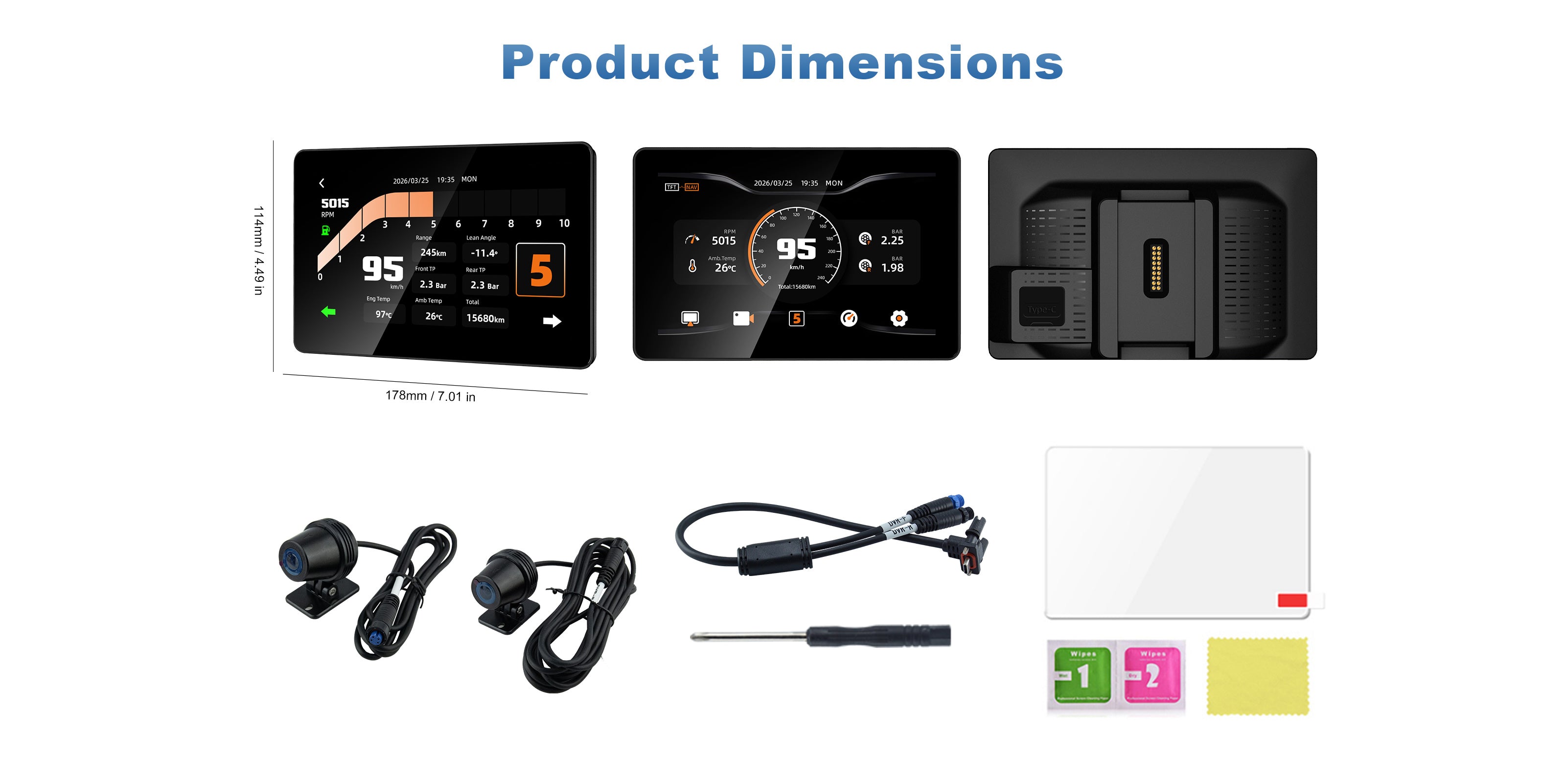 Linkifun MT18A Pro BMW motorcycle display product dimensions and package contents overview, showing size specifications and included accessories.
